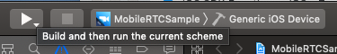A screenshot of the Xcode UI, showing the Run button to the left of the project name.