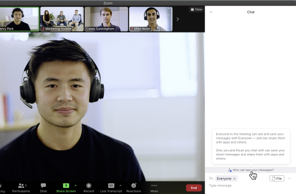 A screenshot of an in-meeting chat with its initial legal notice.