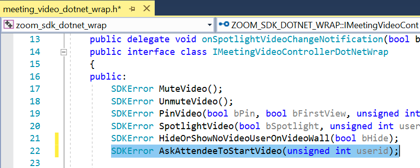 AskAttendeeToStartVideo interface highlighted in code