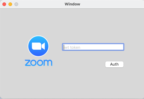 Screenshot of the demo app's second dialog, titled Window. It has the Zoom logo, a field for the JWT token, and an Auth button.