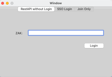 Screenshot of the RestAPI without Login tab of the demo app's third dialog. This third dialog has three tabs: RestAPI without Login, SSO Login, and Join Only. The RestAPI without Login tab shows a field for a ZAK token and a Login button. Do not use the field on this tab to run the demo app.