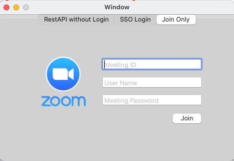 Screenshot of the Join Only tab of the demo app's third dialog. This Join Only tab shows the Zoom logo, a field for the Meeting ID, a field for your User Name or Display Name, a field for the Meeting Password, and a Join button.