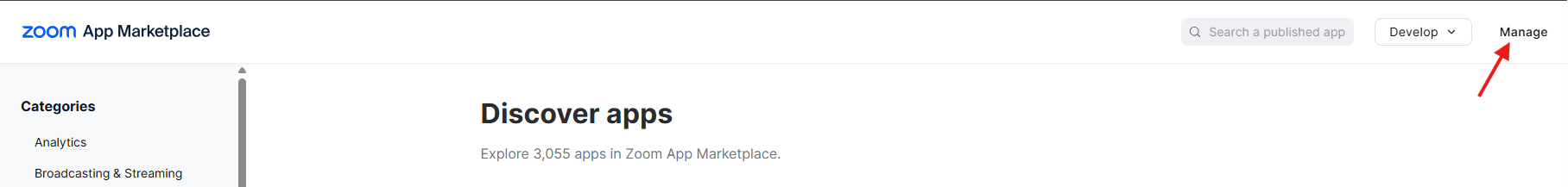 The app marketplace pointing to the Manage button