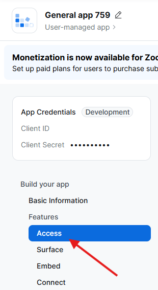The app side nav pointing to Access