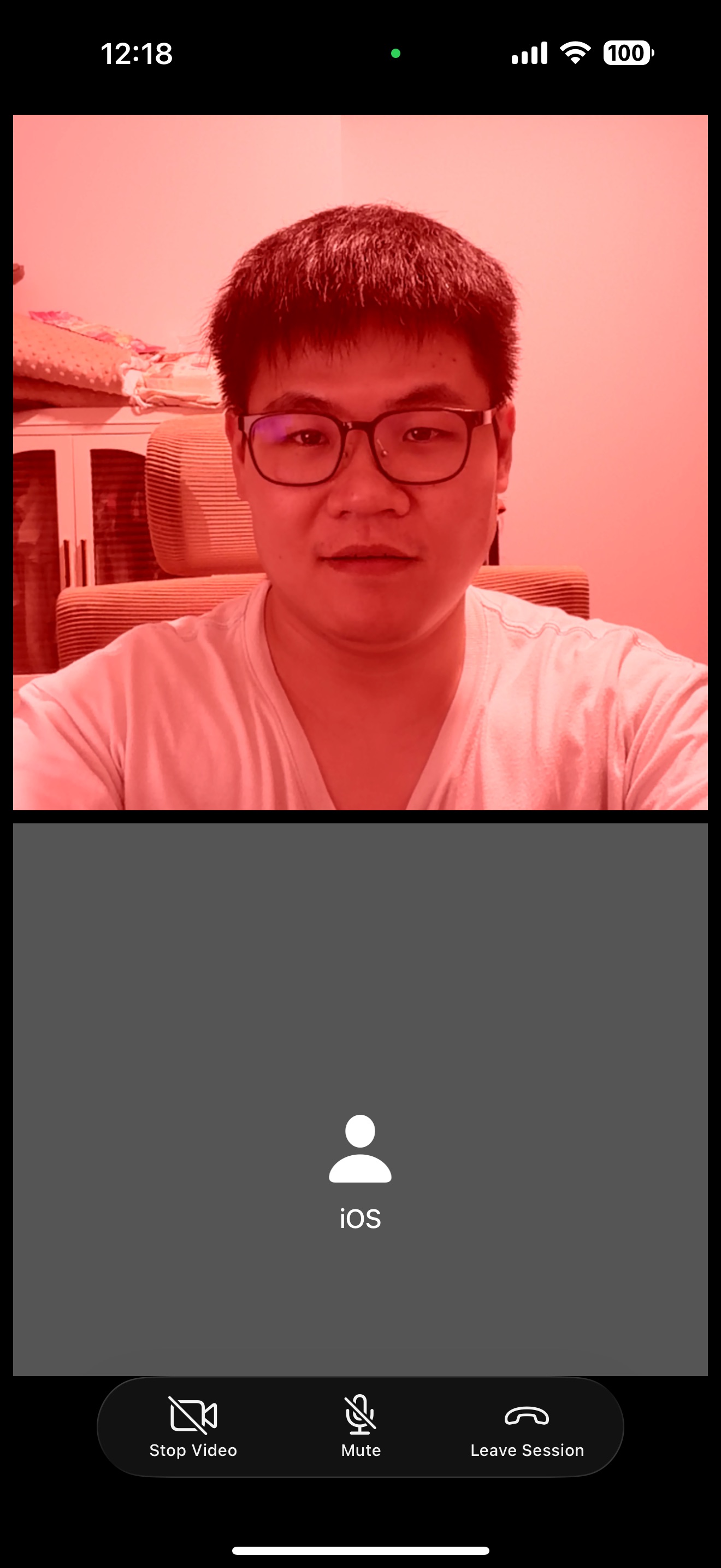 Device A showing a red-tinted video stream