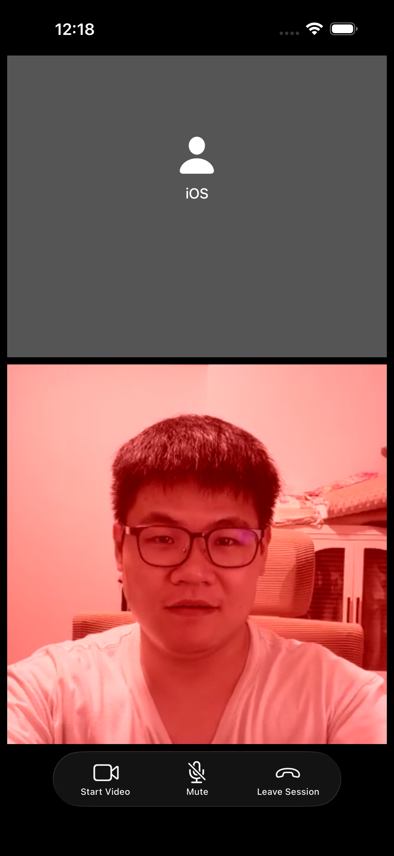 Device B showing the red-tinted stream received from Device A