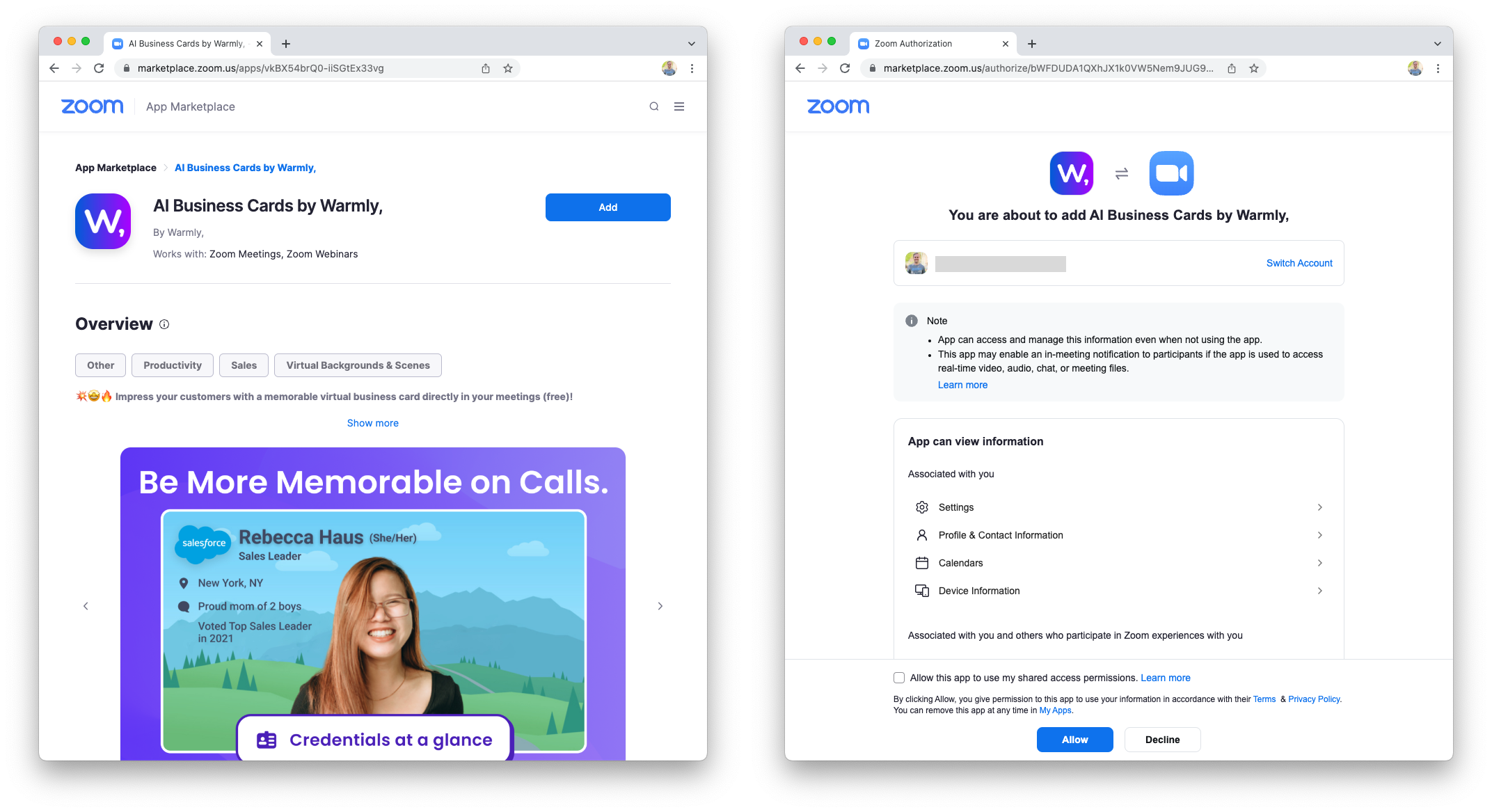 Example of an integration on the Zoom App Marketplace