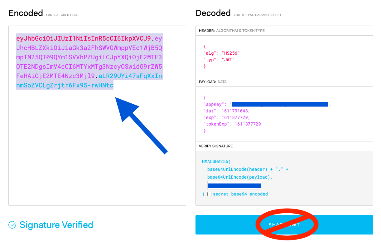JWT.io interface with an X showing not to use the share JWT button