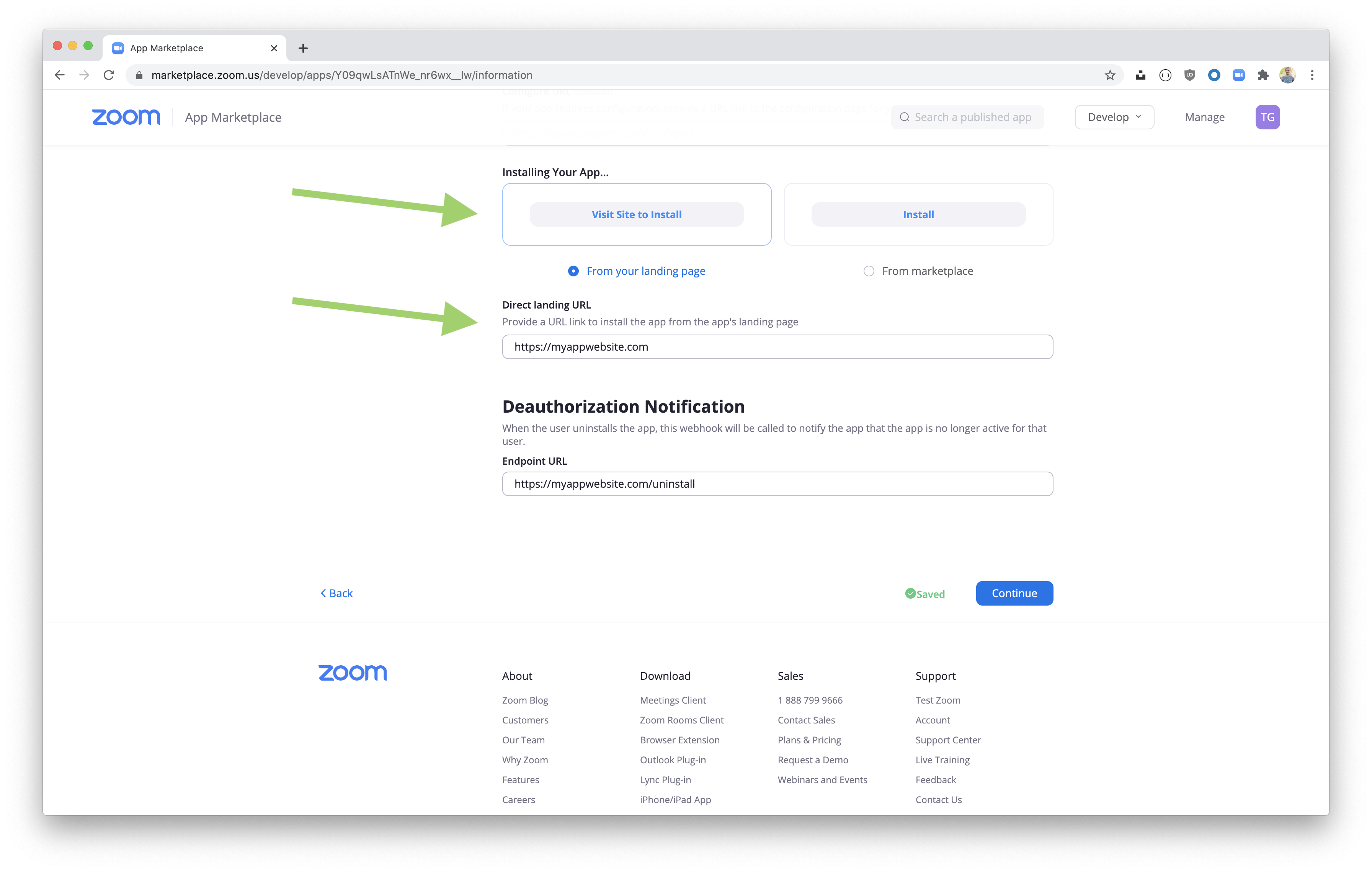 Marketplace app settings page
