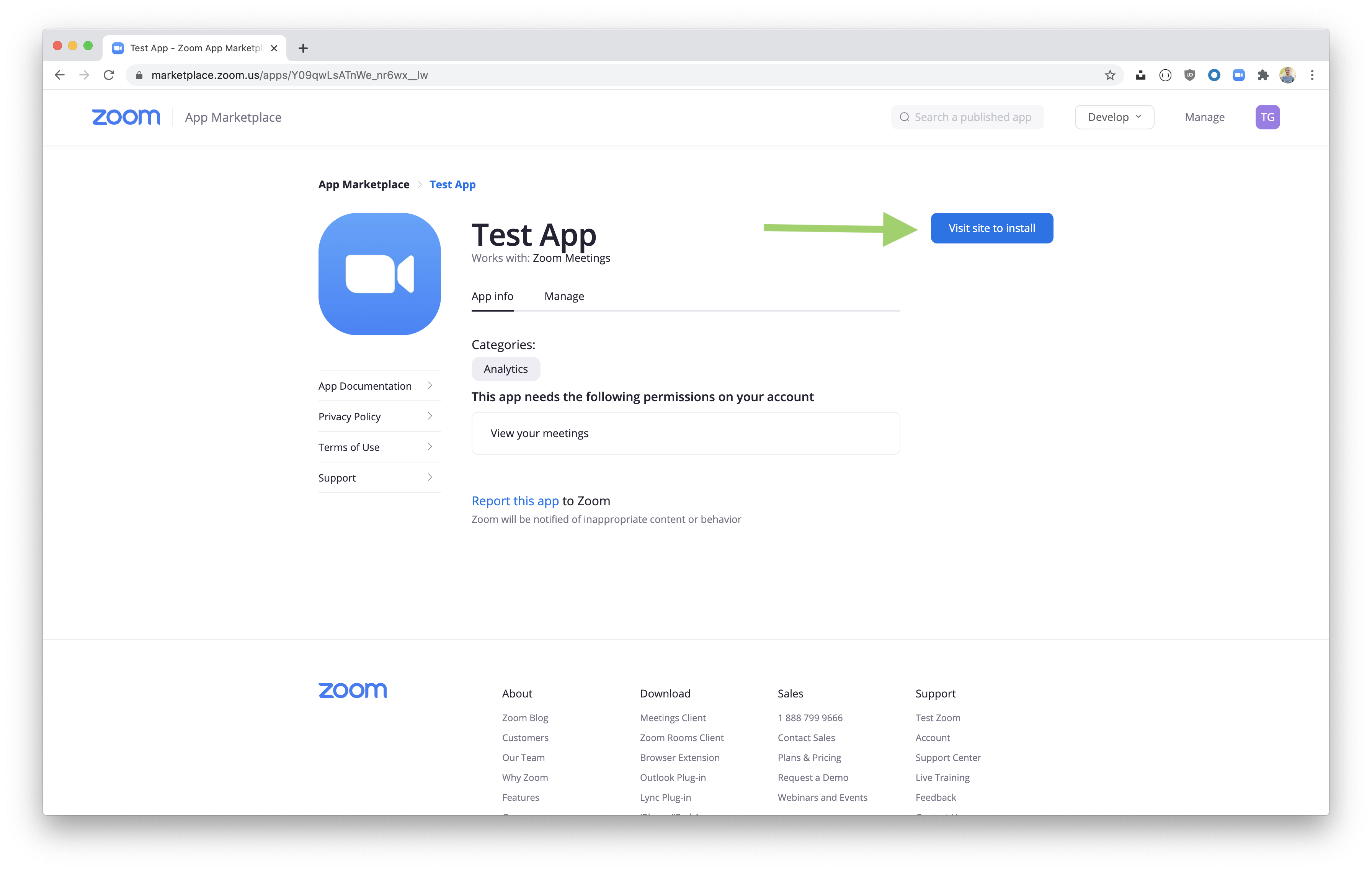 Marketplace app settings page