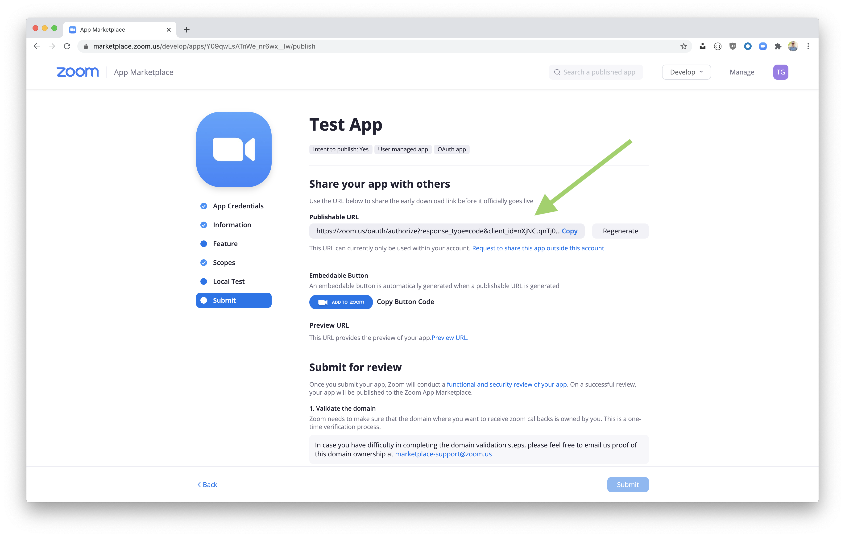Marketplace app settings page