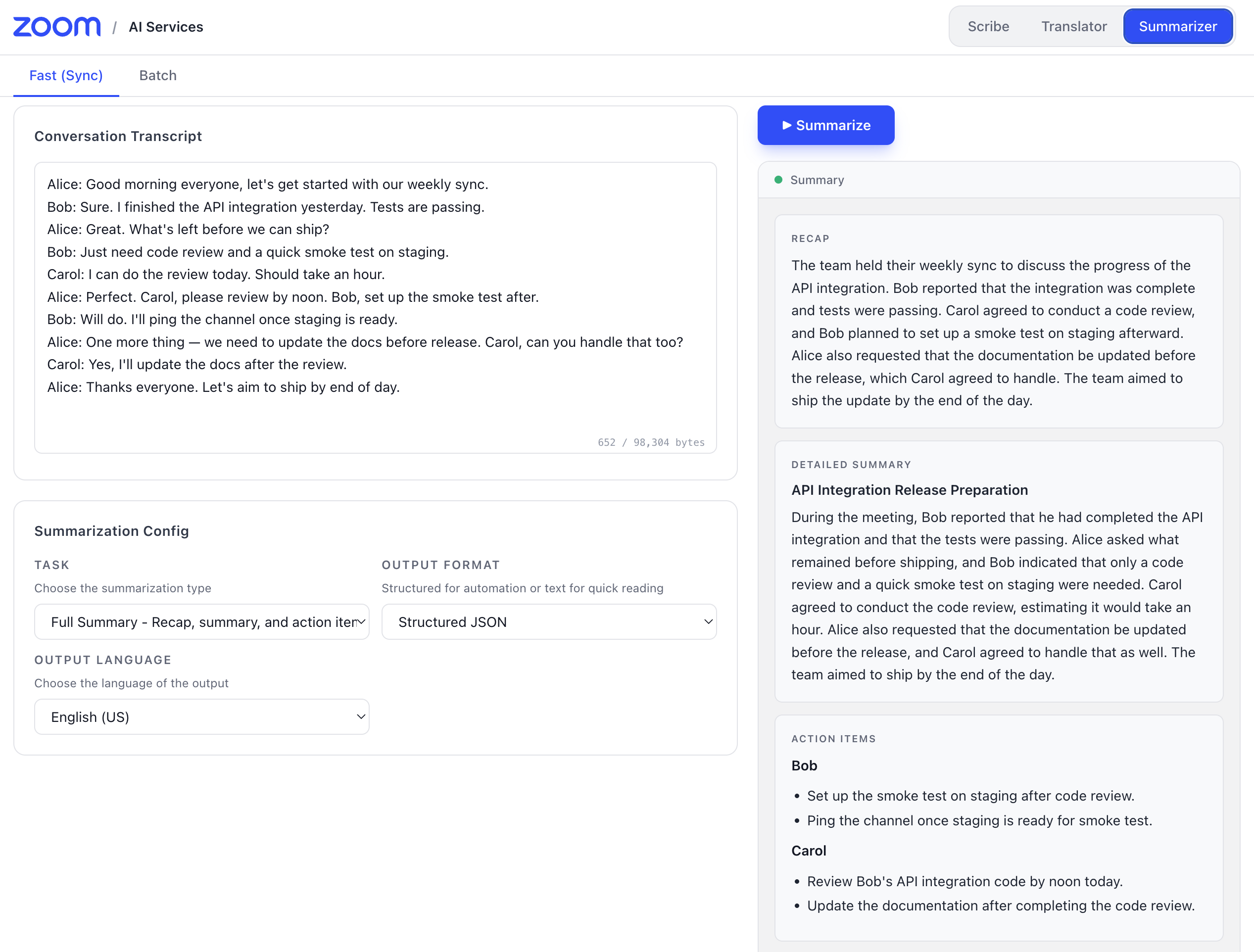 Summarizer playground running a fast-mode summary on pasted transcript text
