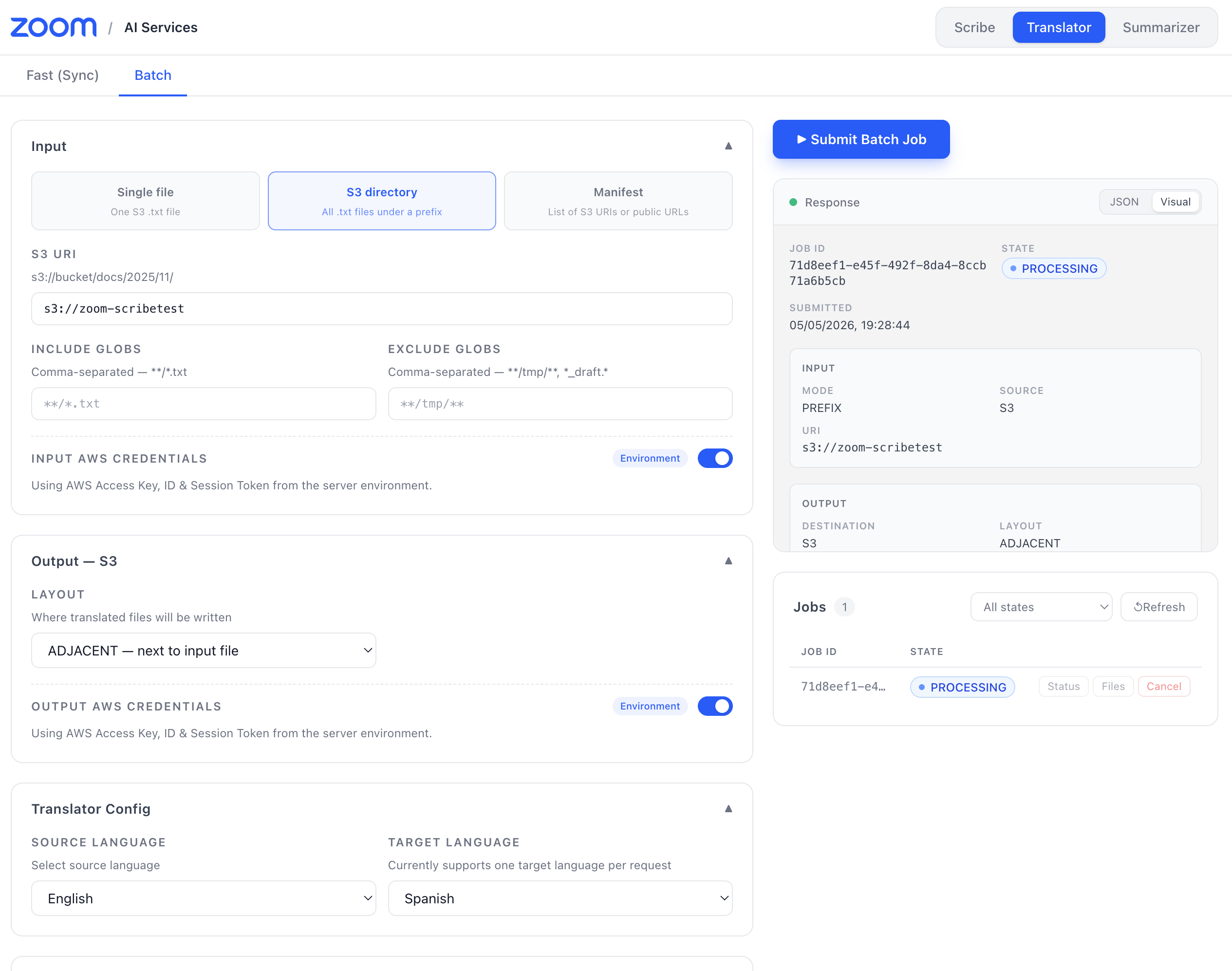 Submitting a batch translation job from the playground