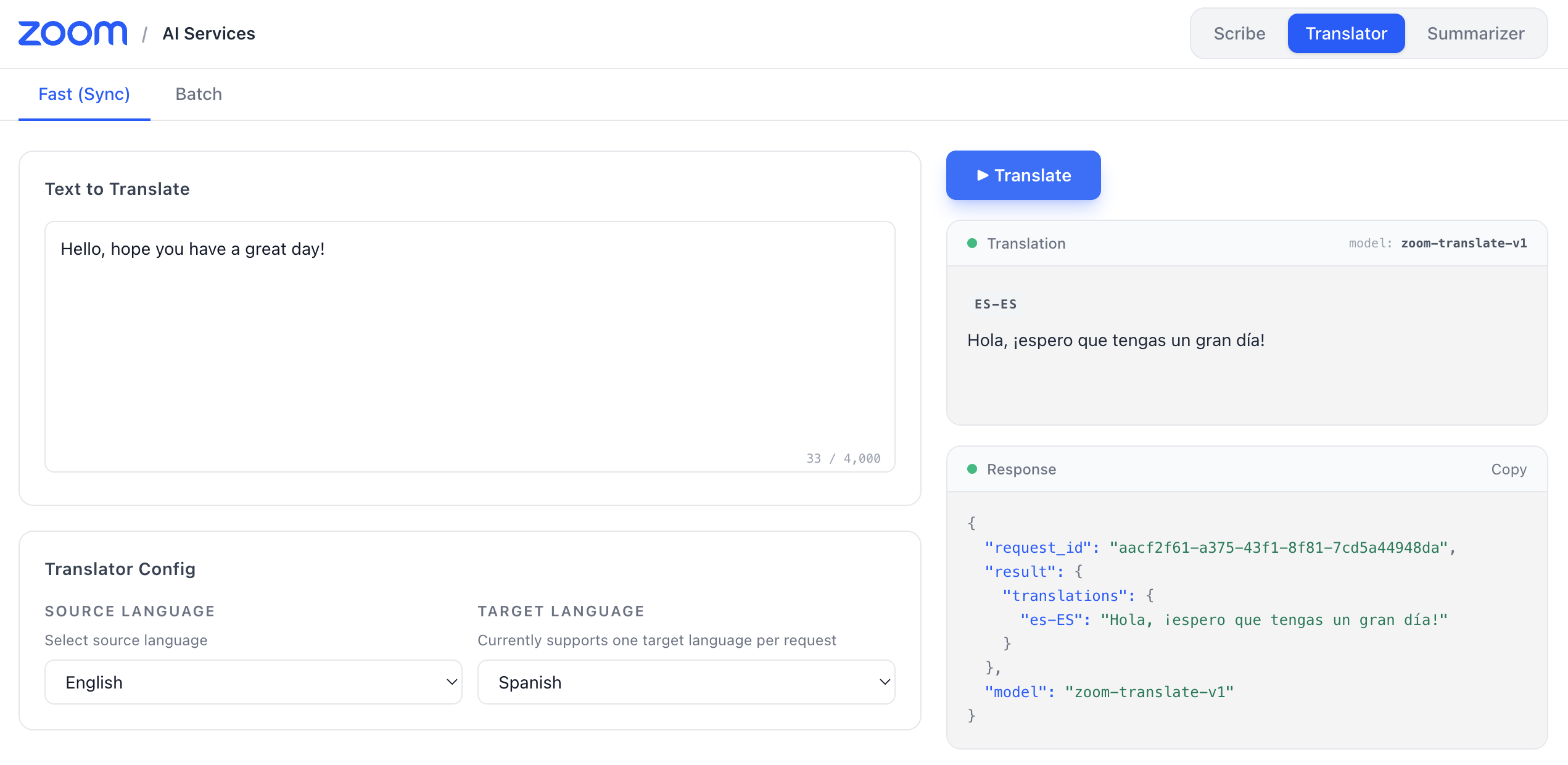 Translator playground running a fast-mode translation on a text string