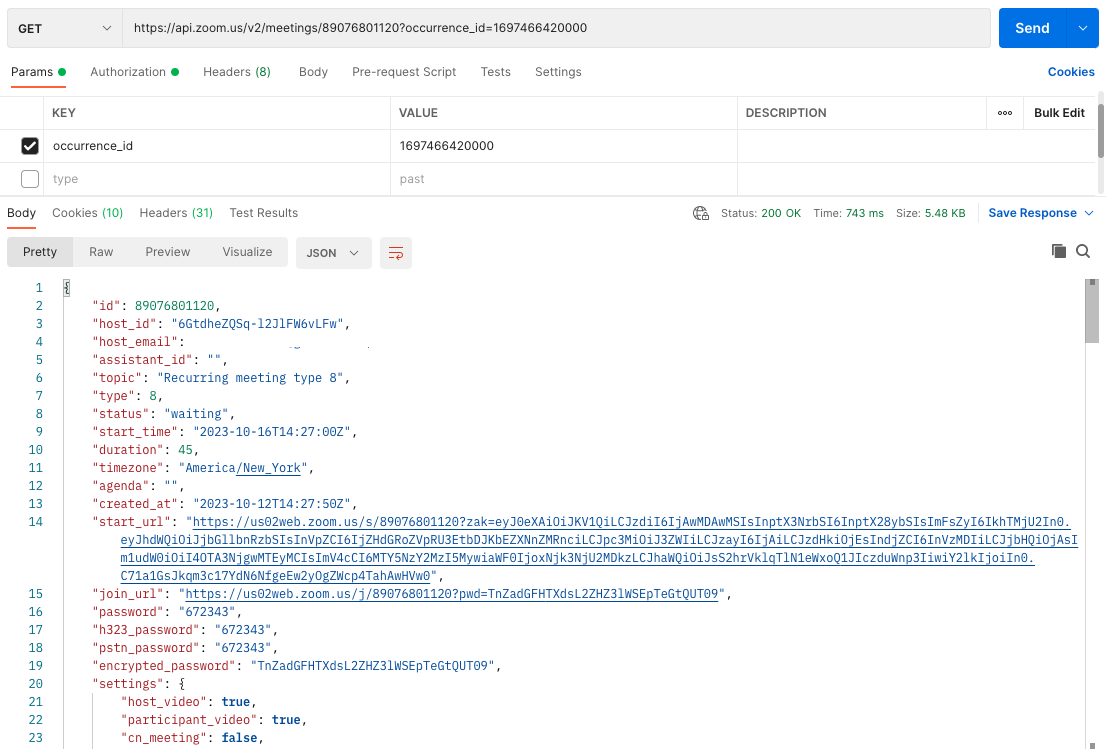 Querying a recurring meeting using meeting ID and occurrence id