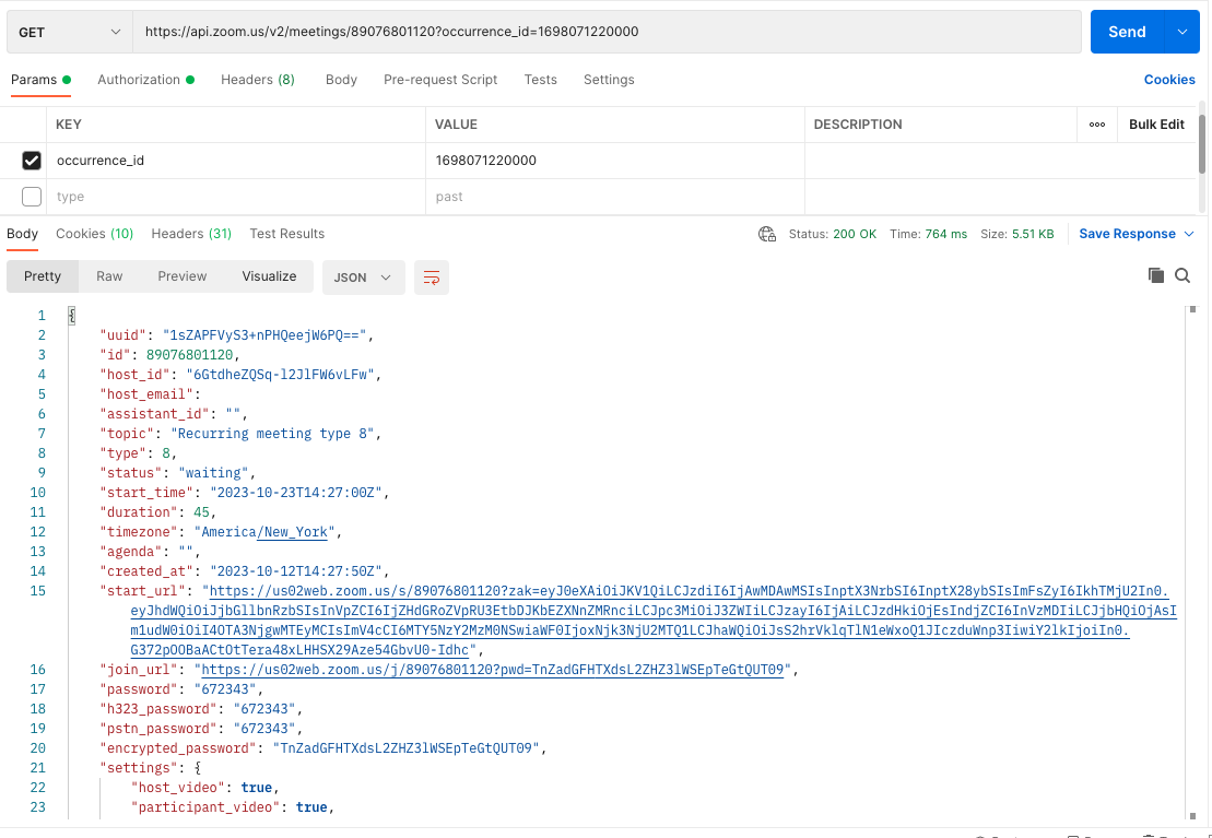 Querying a recurring meeting using meeting ID and occurrence id