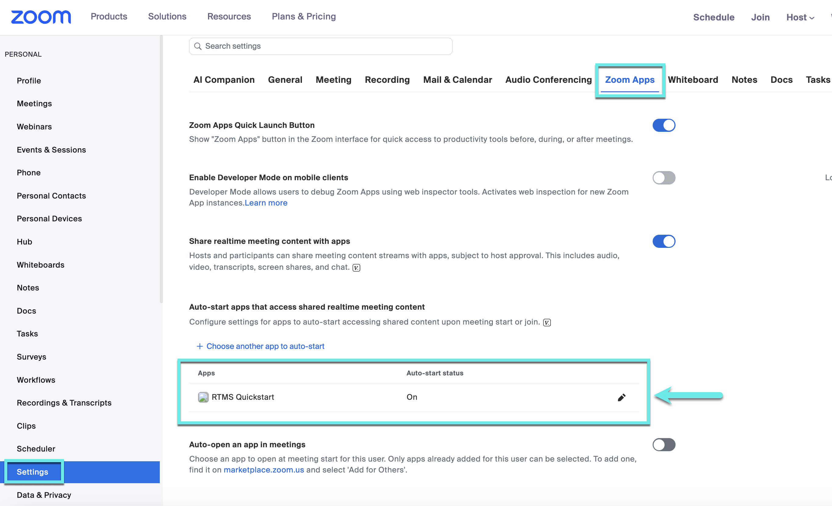 Auto-start settings in Zoom Apps