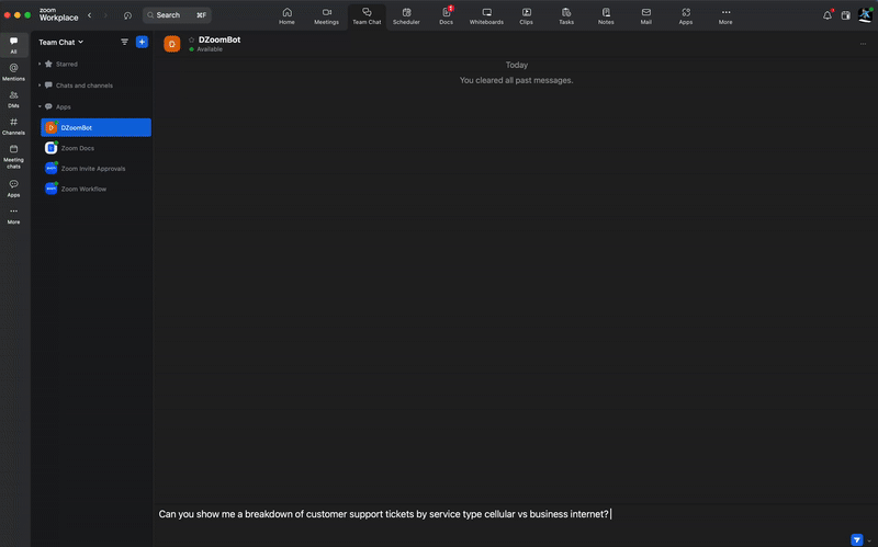 Zoom Teams Chat Bot in Action - Example of querying support tickets breakdown