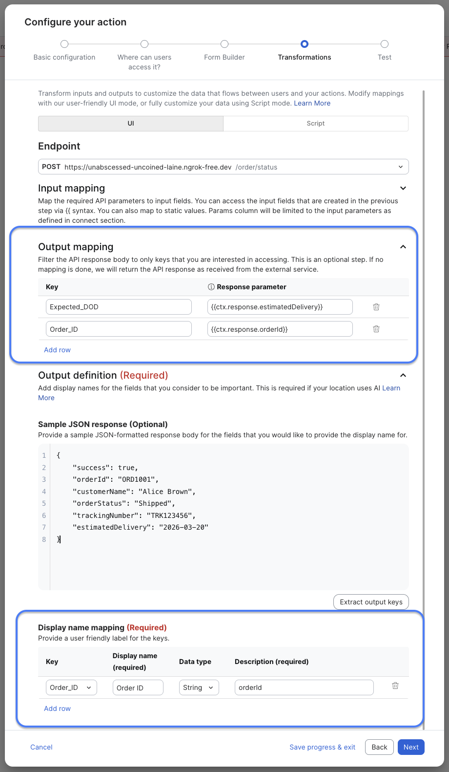Example of output mapping configuration in the Zoom Marketplace UI