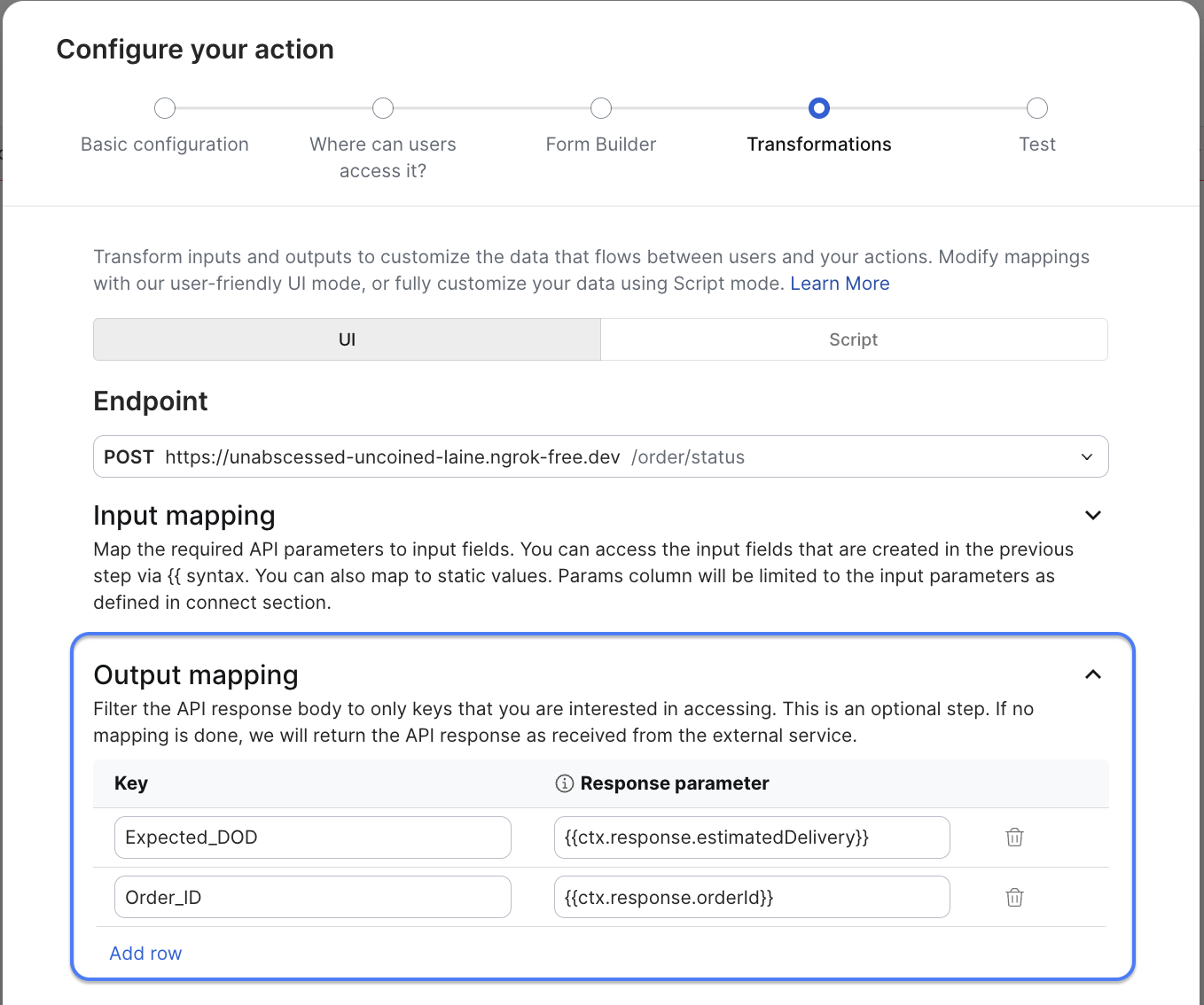 Example of output mapping configuration in the Zoom Marketplace UI