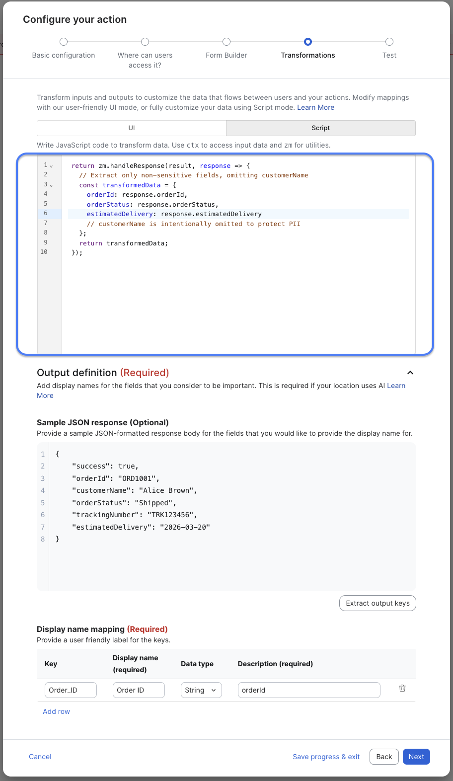Example of output mapping configuration in the Zoom Marketplace UI