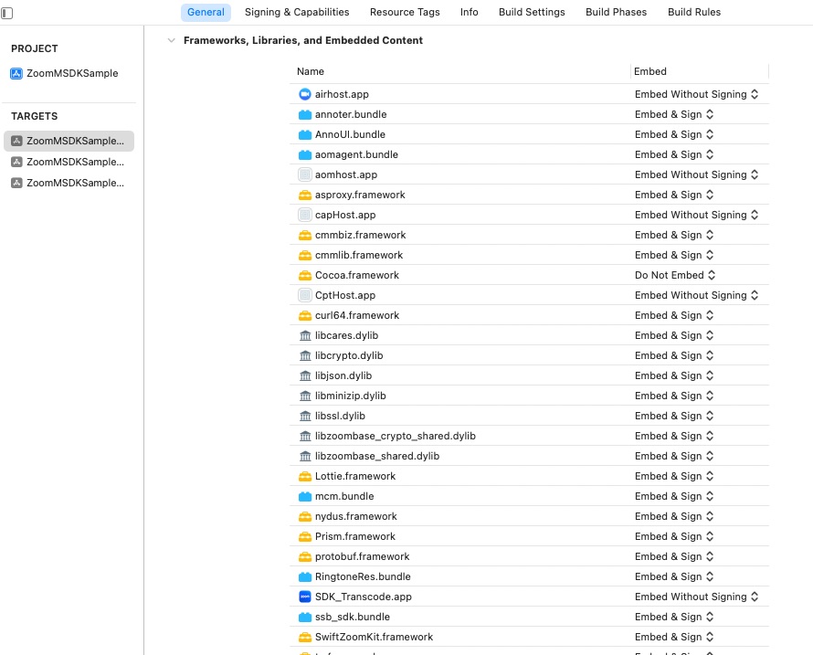Frameworks, Libraries, and Embedded Content under Target