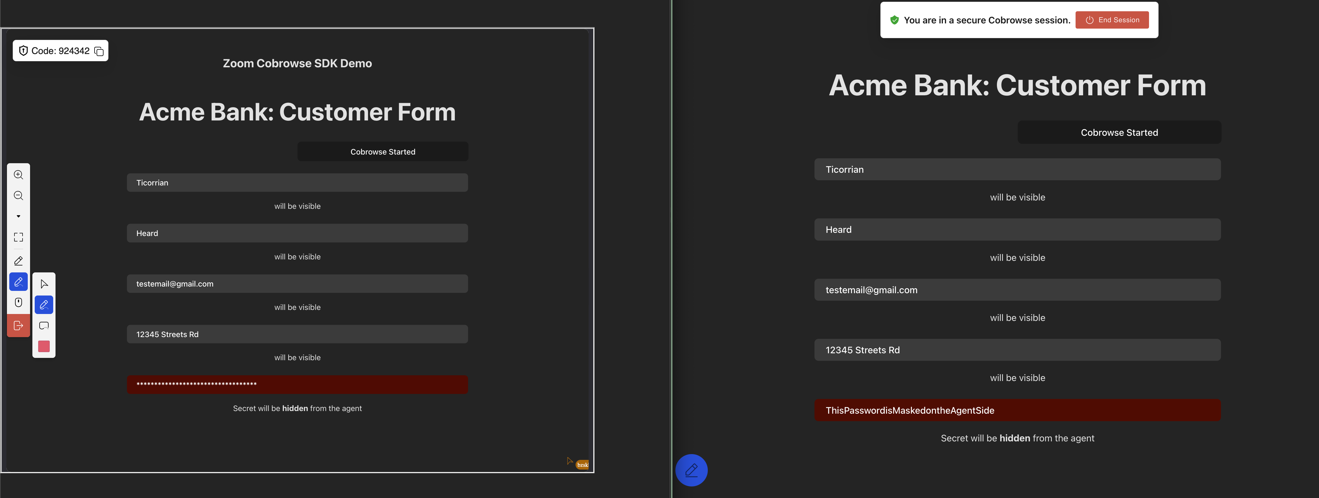 Cobrowse SDK agent screen next to customer screen masked field.