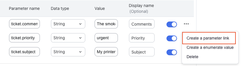 Create a parameter link option and enumeration link options.