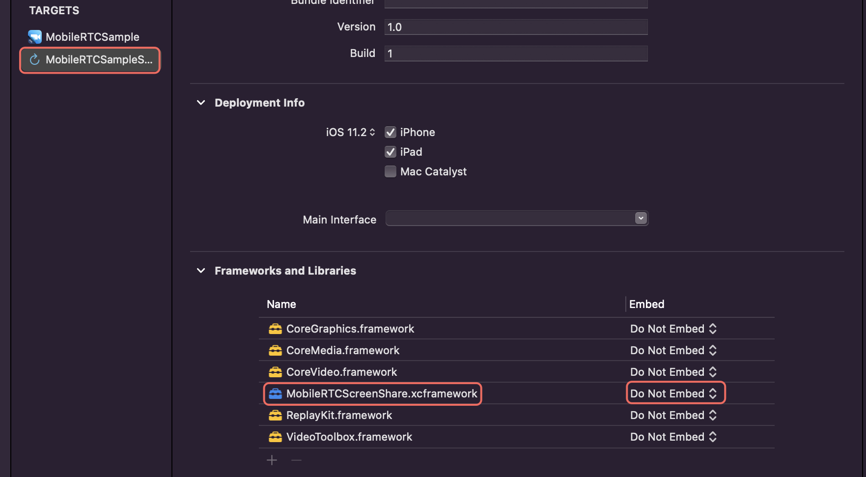 A screenshot of the IDE showing the framework file, the ScreenShare target, and the Do not embed option highlighted.
