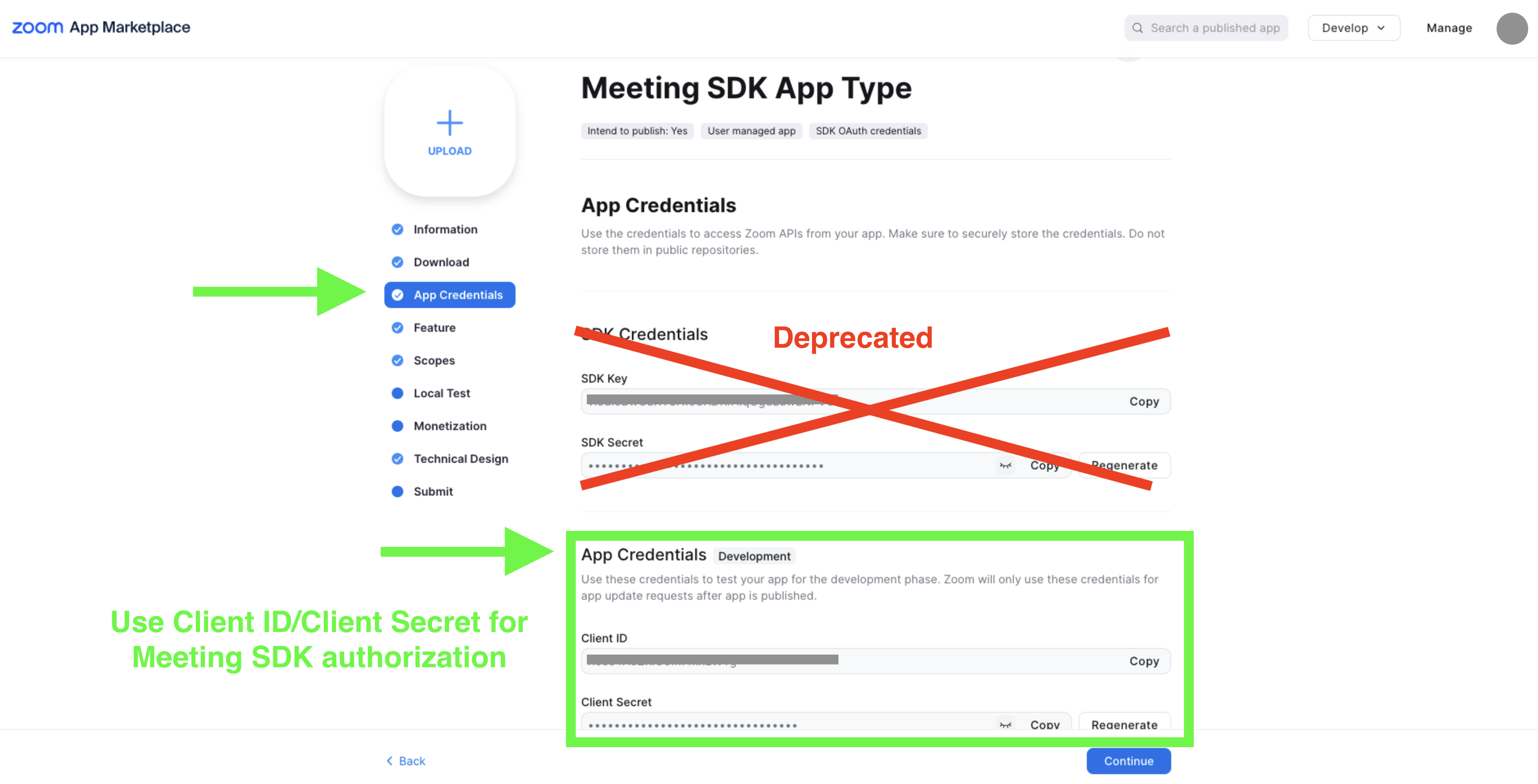Meeting SDK app credentials Client ID and Client Secret