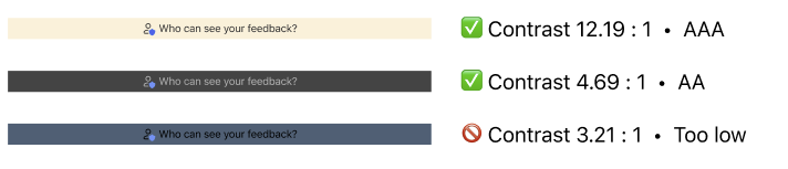 Three examples of colors with varying contrast ratios, including 12.19:1, 4.69:1, and 3.21:1.