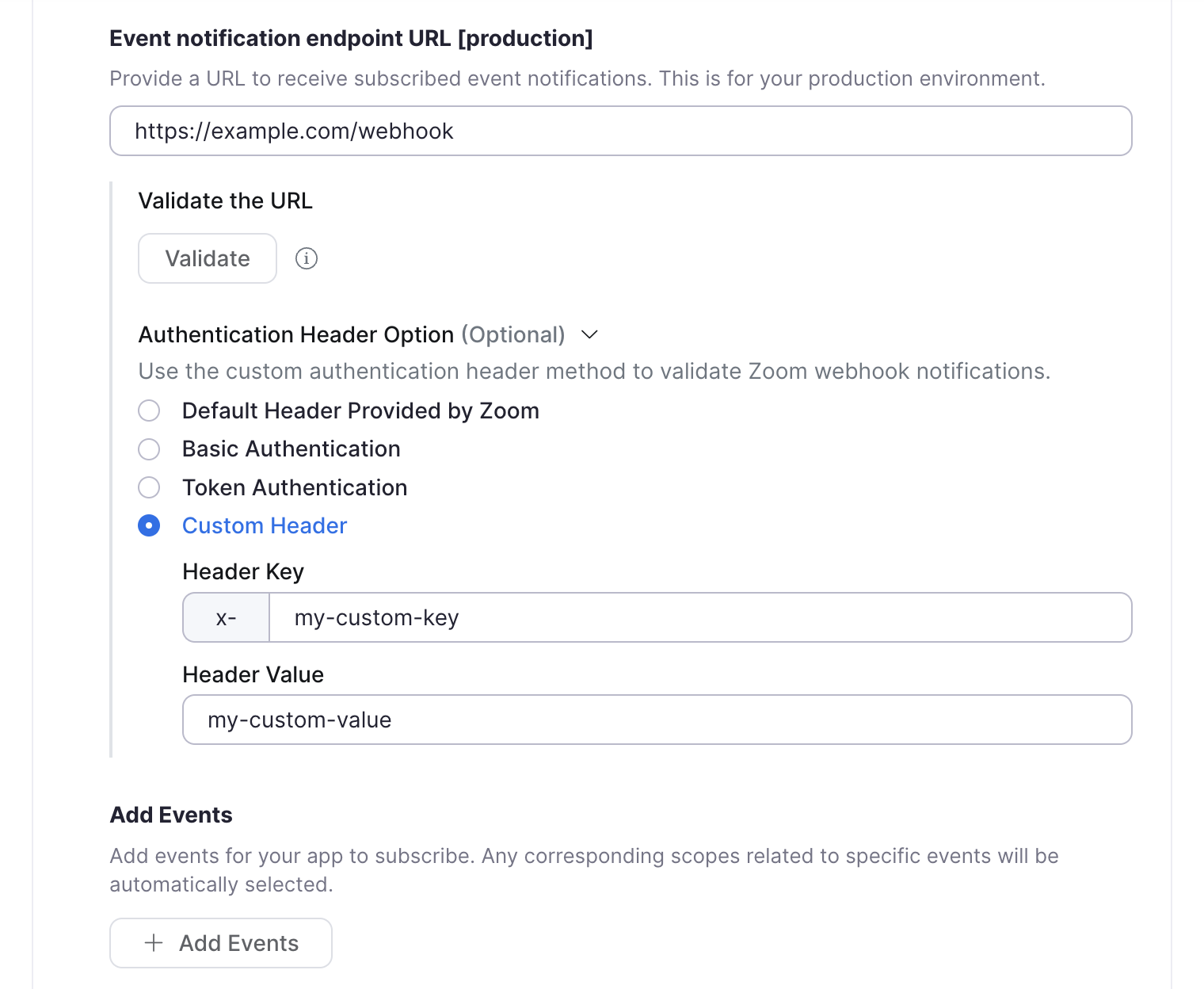 Zoom webhook custom header