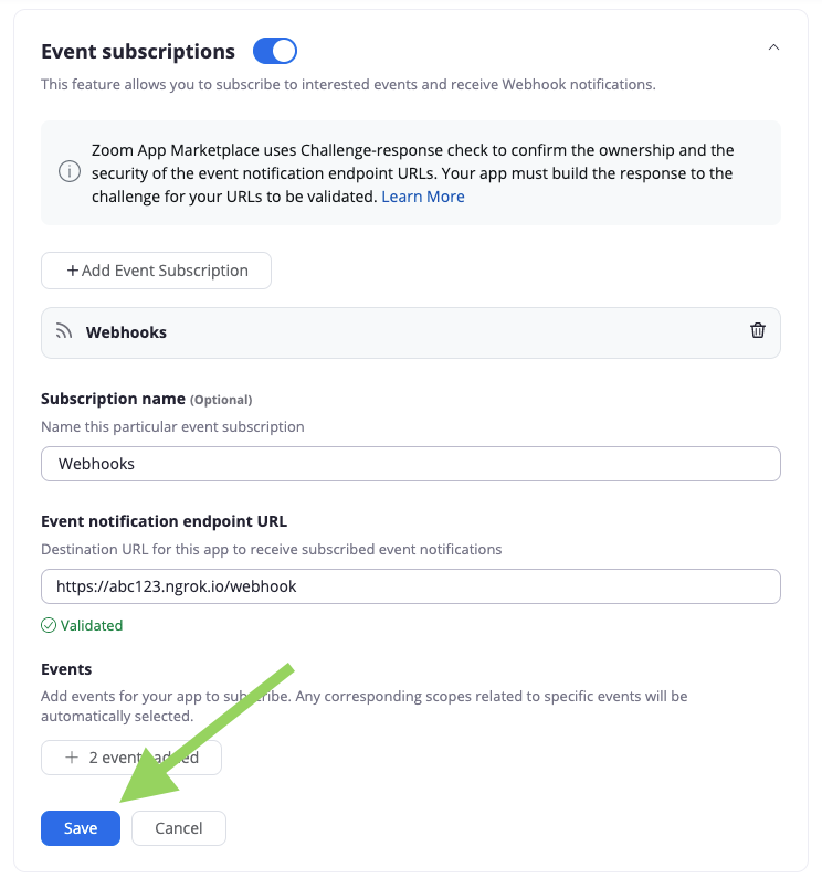 Zoom webhook validate success