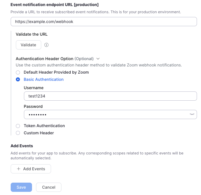 Zoom webhook basic auth